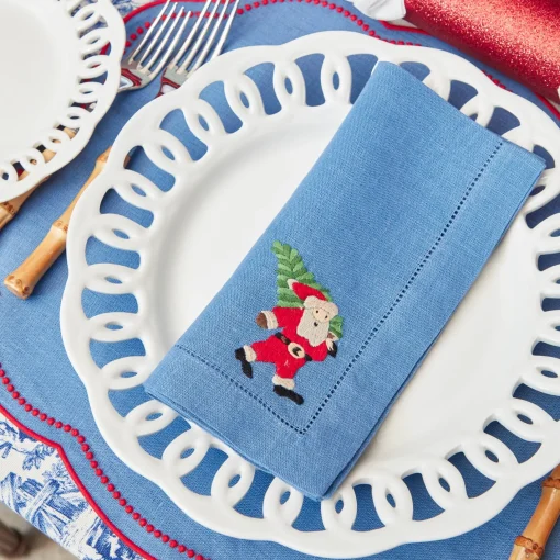 Napkins<Mrs. Alice Blue & Red Hand Embroidered Father Christmas Napkins (Set of 4)