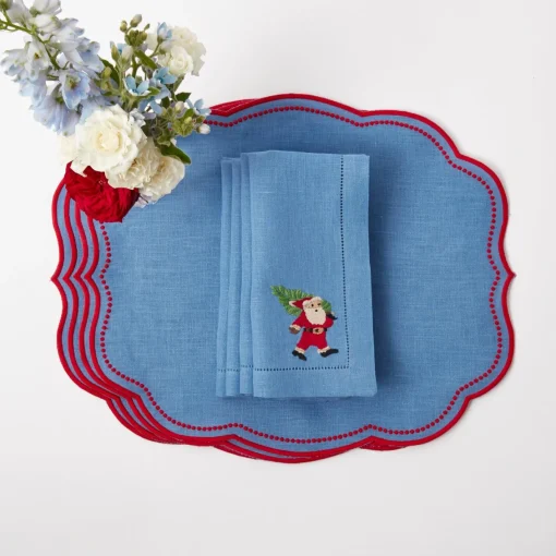 Napkins<Mrs. Alice Blue & Red Hand Embroidered Father Christmas Napkins (Set of 4)