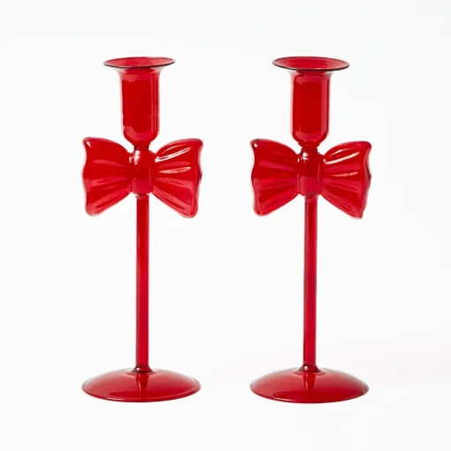 Candle Holders<Mrs. Alice Celine Red Glass Bow Candle Holder (Pair)