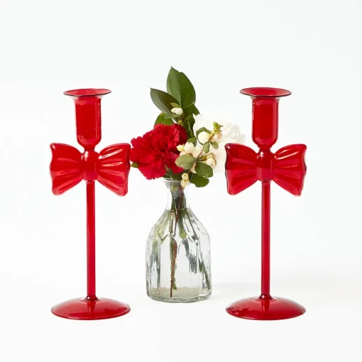 Candle Holders<Mrs. Alice Celine Red Glass Bow Candle Holder (Pair)