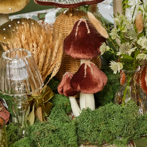 Autumn Decorations<Mrs. Alice Chocolate Glitter Velvet Mushroom (Pair) - 25cm