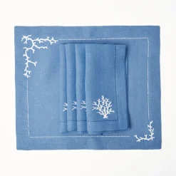 Summer Table Linen | Napkins<Mrs. Alice Coral Blue Linen Napkins (Set of 4)