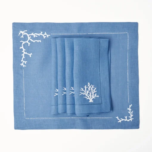 Summer Table Linen | Napkins<Mrs. Alice Coral Blue Linen Napkins (Set of 4)