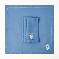 Summer Table Linen | Napkins<Mrs. Alice Coral Blue Linen Napkins (Set of 4)