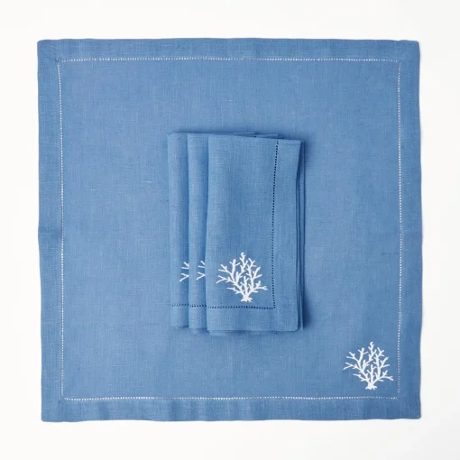 Summer Table Linen | Napkins<Mrs. Alice Coral Blue Linen Napkins (Set of 4)
