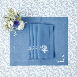 Summer Table Linen | Napkins<Mrs. Alice Coral Blue Linen Napkins (Set of 4)