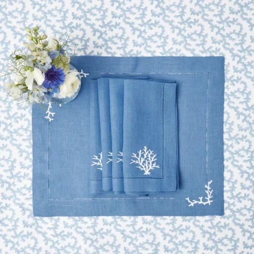 Summer Table Linen | Napkins<Mrs. Alice Coral Blue Linen Napkins (Set of 4)
