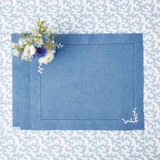 Summer Table Linen | Placemats<Mrs. Alice Coral Blue Linen Placemats (Set of 4)