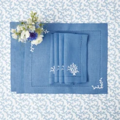 Summer Table Linen | Table Linen Sets<Mrs. Alice Coral Blue Linen Placemats & Napkins (Set of 4)