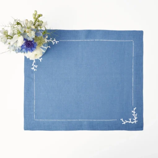 Summer Table Linen | Placemats<Mrs. Alice Coral Blue Linen Placemats (Set of 4)