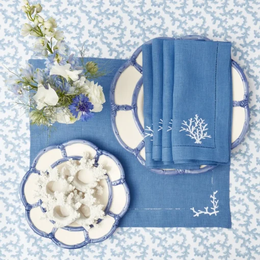 Summer Table Linen | Table Linen Sets<Mrs. Alice Coral Blue Linen Placemats & Napkins (Set of 4)