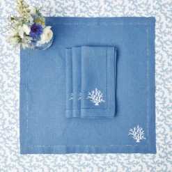 Summer Table Linen | Table Linen Sets<Mrs. Alice Coral Blue Linen Placemats & Napkins (Set of 4)