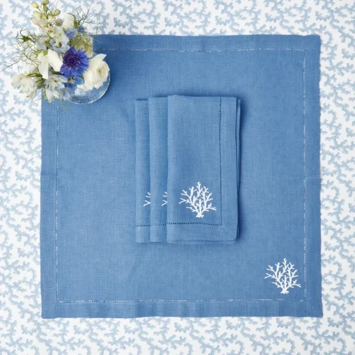 Summer Table Linen | Table Linen Sets<Mrs. Alice Coral Blue Linen Placemats & Napkins (Set of 4)