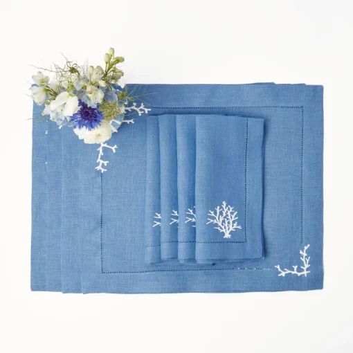 Summer Table Linen | Placemats<Mrs. Alice Coral Blue Linen Placemats (Set of 4)