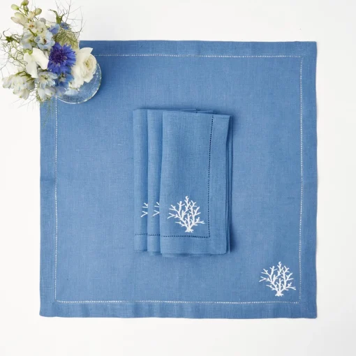 Summer Table Linen | Table Linen Sets<Mrs. Alice Coral Blue Linen Placemats & Napkins (Set of 4)