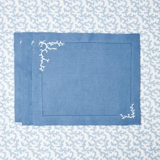 Summer Table Linen | Placemats<Mrs. Alice Coral Blue Linen Placemats (Set of 4)