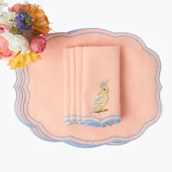 Summer Table Linen<Mrs. Alice Eloise Coral & Blue Placemats & Parrot Napkins (Set of 4)