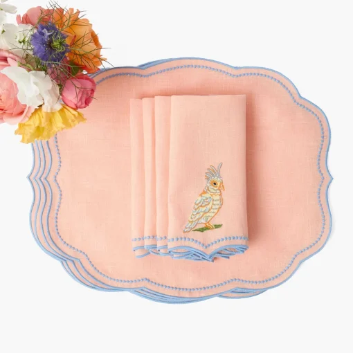 Summer Table Linen<Mrs. Alice Eloise Coral & Blue Placemats & Parrot Napkins (Set of 4)