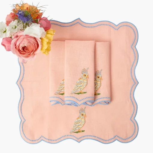 Summer Table Linen<Mrs. Alice Eloise Coral & Blue Placemats & Parrot Napkins (Set of 4)
