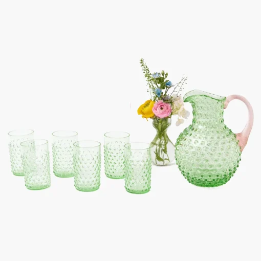 Glassware Sets<Mrs. Alice Emerald Hobnail Jug with Rose Handle & Glasses (set of 6)