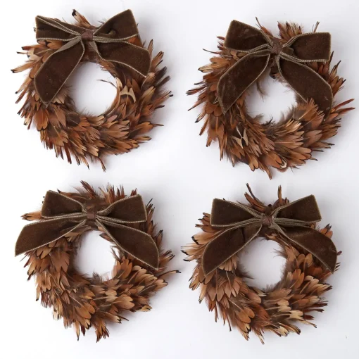 Christmas Decorations<Mrs. Alice Feather Wreaths with Forest Green Velvet Bows (Set of 4)