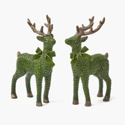 Christmas Decorations<Mrs. Alice Forest Green Rattan Reindeer with Green Velvet Bows (Pair) - 30cm