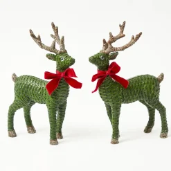 Christmas Decorations<Mrs. Alice Forest Green Rattan Reindeer with Red Velvet Bows (Pair) - 30cm