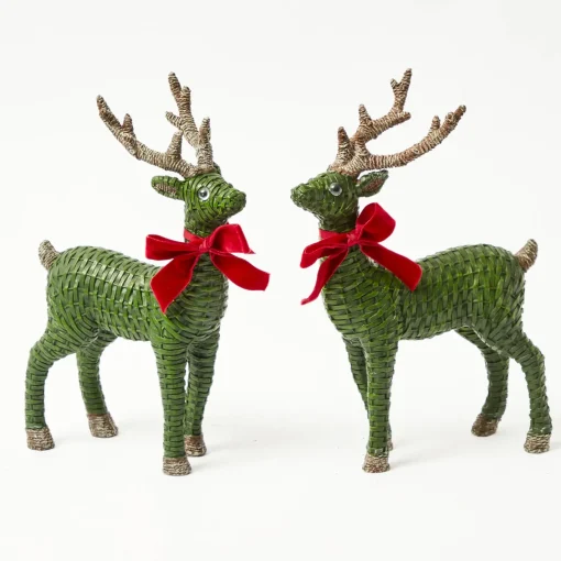 Christmas Decorations<Mrs. Alice Forest Green Rattan Reindeer with Red Velvet Bows (Pair) - 30cm
