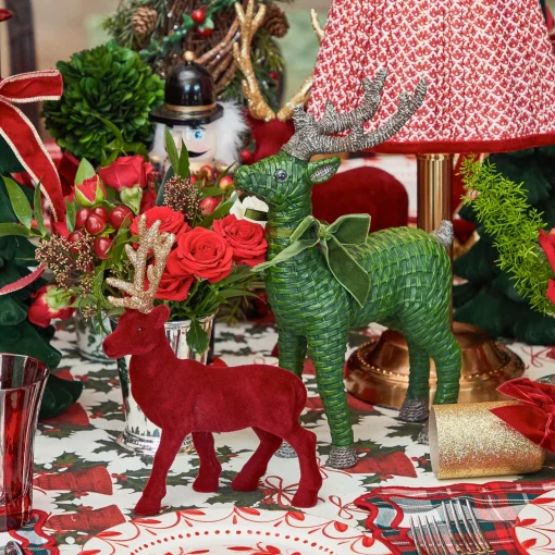 Christmas Decorations<Mrs. Alice Forest Green Rattan Reindeer with Green Velvet Bows (Pair) - 30cm