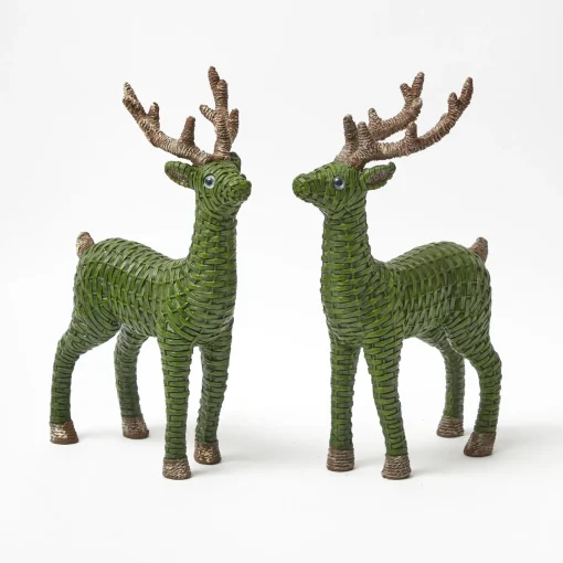 Christmas Decorations<Mrs. Alice Forest Green Rattan Reindeer with Red Velvet Bows (Pair) - 30cm