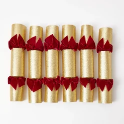 Christmas Decorations<Mrs. Alice Gold Crackers With Red Velvet Bows (Set of 6)