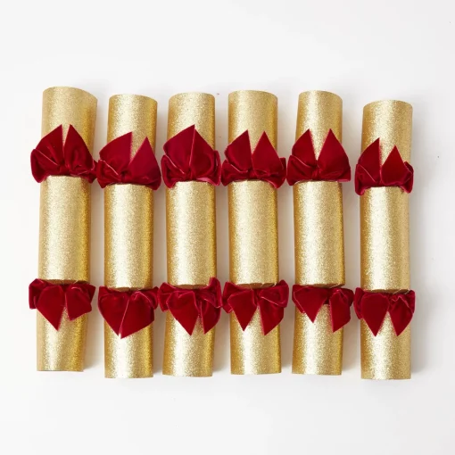 Christmas Decorations<Mrs. Alice Gold Crackers With Red Velvet Bows (Set of 6)