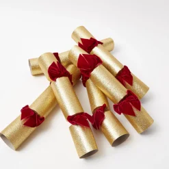 Christmas Decorations<Mrs. Alice Gold Crackers With Red Velvet Bows (Set of 6)