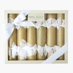 Christmas Decorations<Mrs. Alice Gold Glitter Crackers with White Velvet Bows (Set of 6)