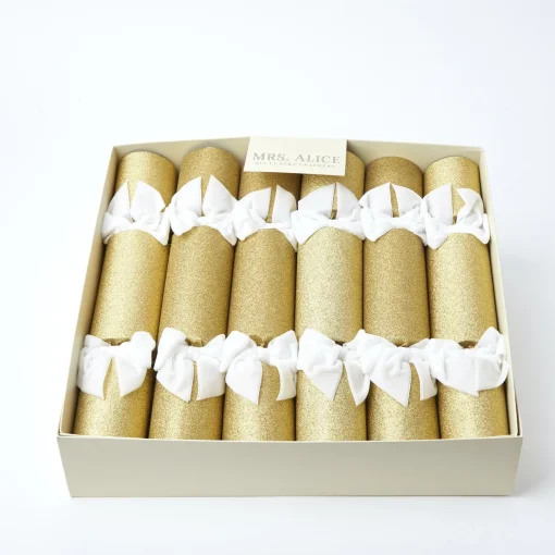 Christmas Decorations<Mrs. Alice Gold Glitter Crackers with White Velvet Bows (Set of 6)