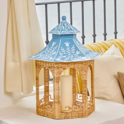Summer Candleware | Year-round Decorations<Mrs. Alice Large Natural Rattan & Blue Chinoiserie Pagoda Lantern