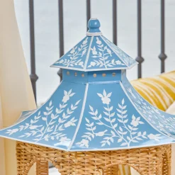 Summer Candleware | Year-round Decorations<Mrs. Alice Large Natural Rattan & Blue Chinoiserie Pagoda Lantern