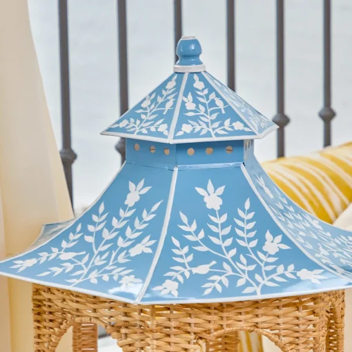 Summer Candleware | Year-round Decorations<Mrs. Alice Large Natural Rattan & Blue Chinoiserie Pagoda Lantern