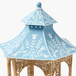 Summer Candleware | Year-round Decorations<Mrs. Alice Large Natural Rattan & Blue Chinoiserie Pagoda Lantern