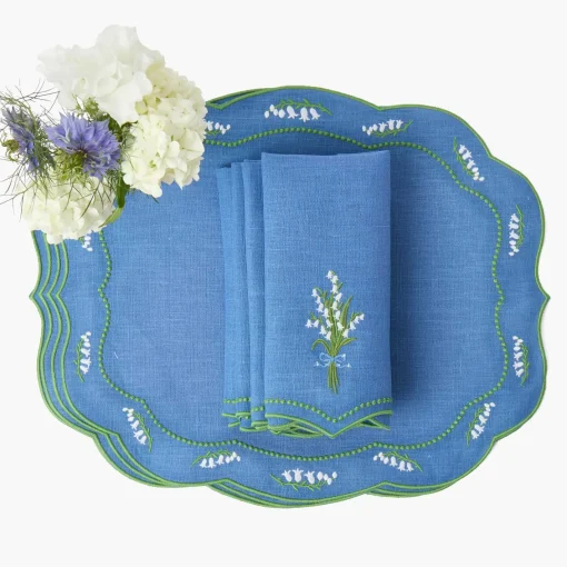 Summer Table Linen | Table Linen Sets<Mrs. Alice Lily of the Valley Blue Linen Placemats & Napkins (Set of 4)