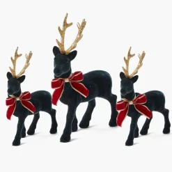 Christmas Decorations<Mrs. Alice Navy Flocked Reindeer Family with Gold Trimmed Bows