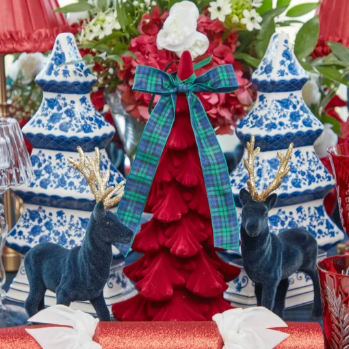 Christmas Decorations<Mrs. Alice Navy Flocked Reindeer Family with Gold Trimmed Bows