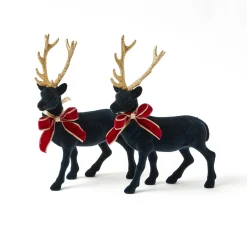Christmas Decorations<Mrs. Alice Navy Flocked Reindeers with Gold Trimmed Bows (Pair)