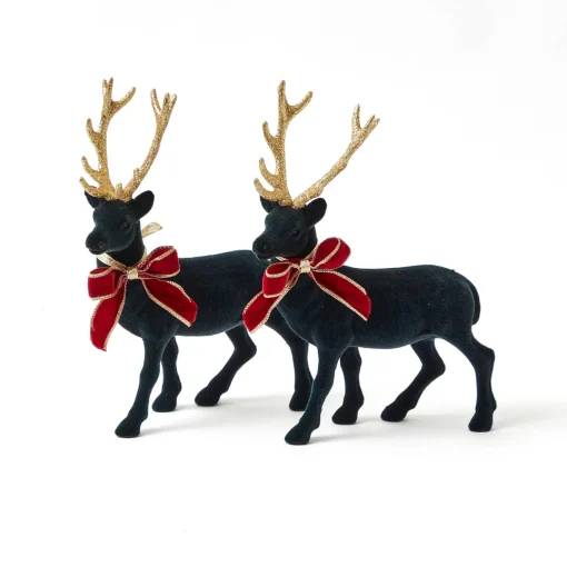 Christmas Decorations<Mrs. Alice Navy Flocked Reindeers with Gold Trimmed Bows (Pair)