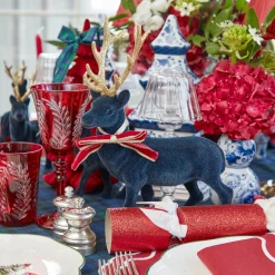 Christmas Decorations<Mrs. Alice Navy Flocked Reindeers with Gold Trimmed Bows (Pair)