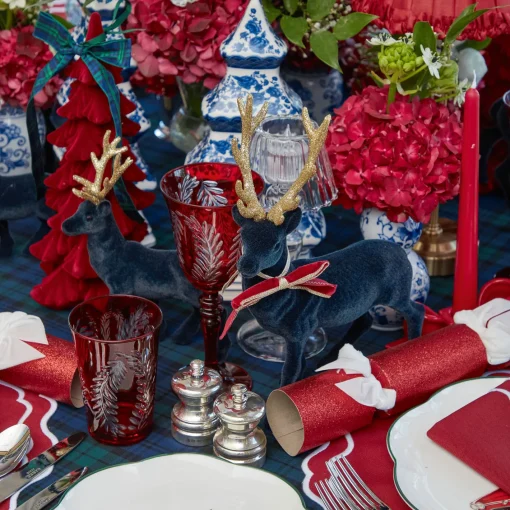 Christmas Decorations<Mrs. Alice Navy Flocked Reindeers with Gold Trimmed Bows (Pair)