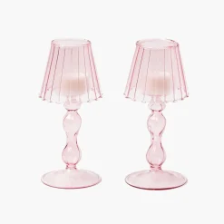 Summer Candleware | Candle Holders<Mrs. Alice Pink Glass Lantern Tea Light Holder (Pair) - 18cm