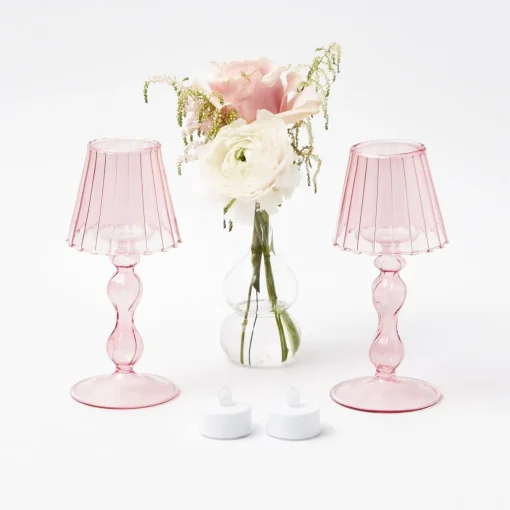 Summer Candleware | Candle Holders<Mrs. Alice Pink Glass Lantern Tea Light Holder (Pair) - 18cm