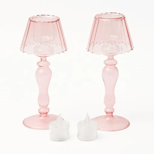 Summer Candleware | Candle Holders<Mrs. Alice Pink Glass Lantern Tea Light Holder (Pair) - 24cm