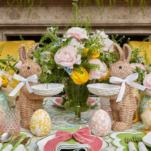 Spring Decorations<Mrs. Alice Rattan Ribboned Rabbit With Basket (Pair)